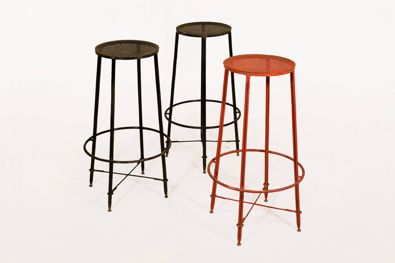 Set of three Mathieu Mategot bar stools,
France, circa 1950.
Lacquered and perforated metal.
Original color.
Rare.
Very good vintage condition.