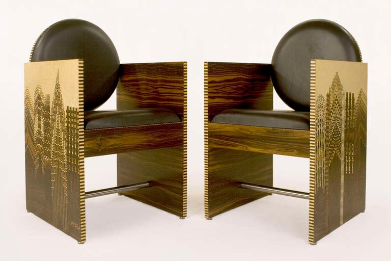 Pair of CeM. Thiauy armchairs, circa 1980, USA
Signed.
Wood marquetry.
Good vintage condition.
 