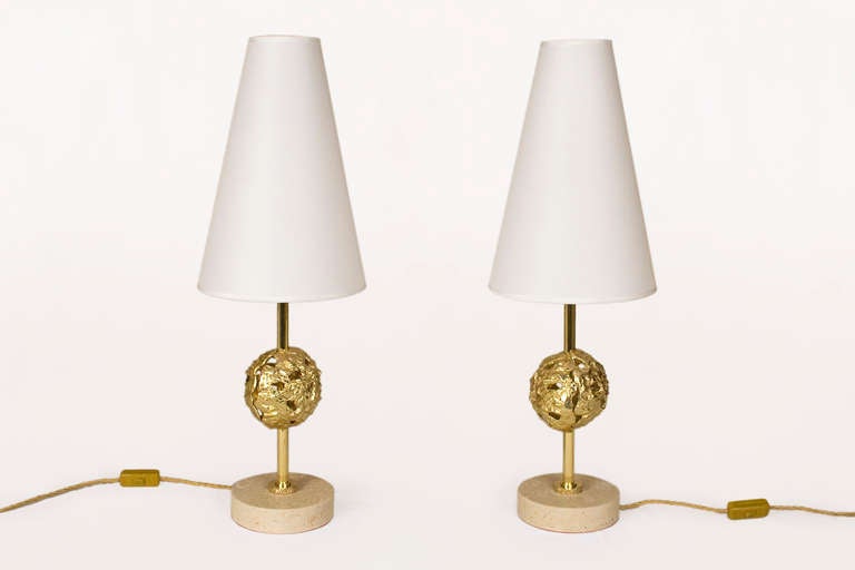 Pair of Angelo Brotto table lamps, circa 1970`s, Italy.
Edited by Esperia.
Gilded bronze and marble travertine.
Mid century modern.