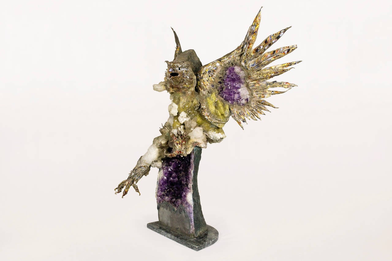 Large Aurelio Teno eagle sculpture
Silver, semi-precious stones and enamel eagle sculpture by the great, late Spanish artist
Amethyst, yellow rock crystal, natural rock crystal, colored enamel and silver
Very unique and intriguing work of