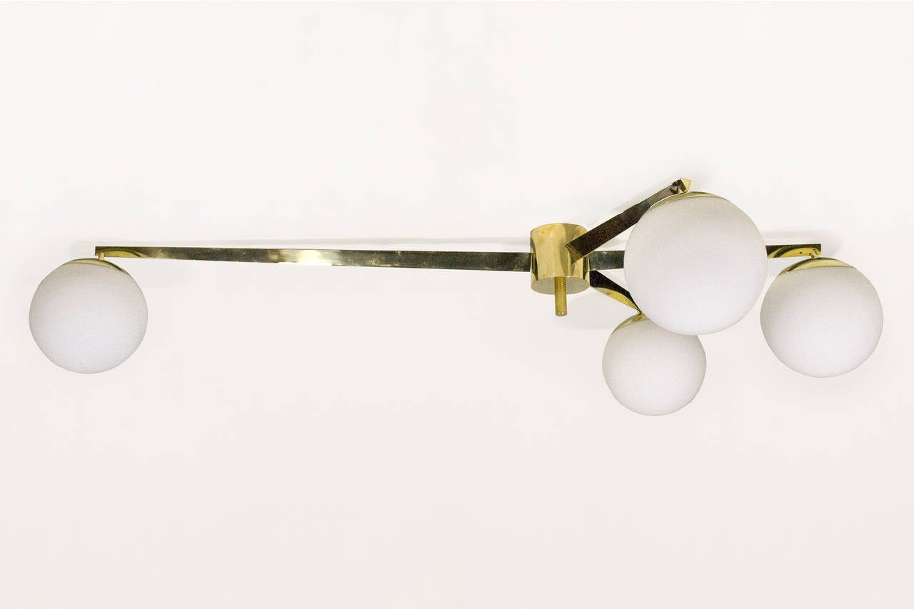 Four-arm chandelier in the style of Angelo Lelli.
Italy, circa 2000.
Brass and opaline glass.
Excellent condition.