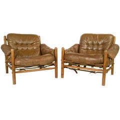 Pair Of Safari Leather Armchairs By Arne Norell For Scanfom Pair Of Safari Leather Armchairs By Arne Norell For Scanfom