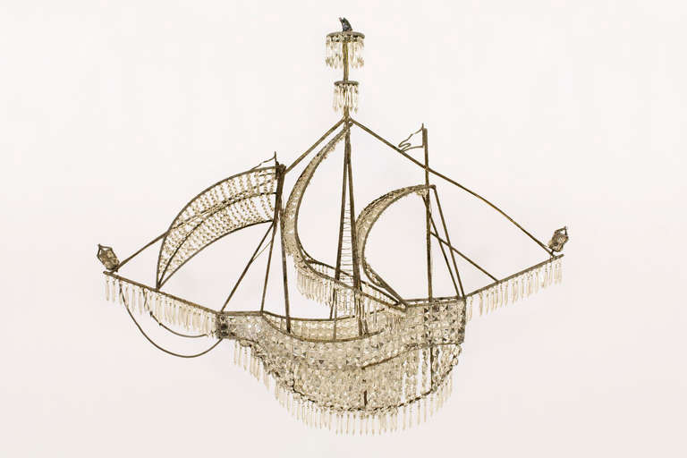 Exceptional and Large Glass Pearl Caravel Ship Chandelier<br />
Spain, circa 1940<br />
Elaborate Craftsmanship and Design<br />
Good Vintage Condition