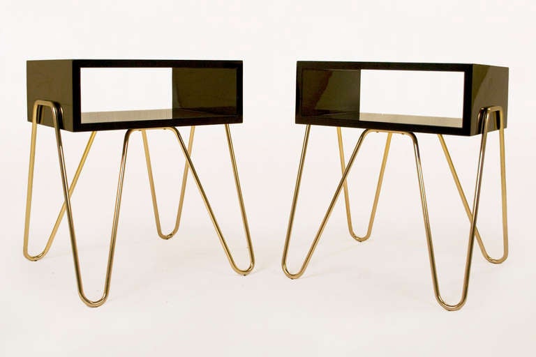 Pair of bedside tables by Adolfo Abejon
2000's, Spain
Wooden black lackered on a brass base
Excellent condition