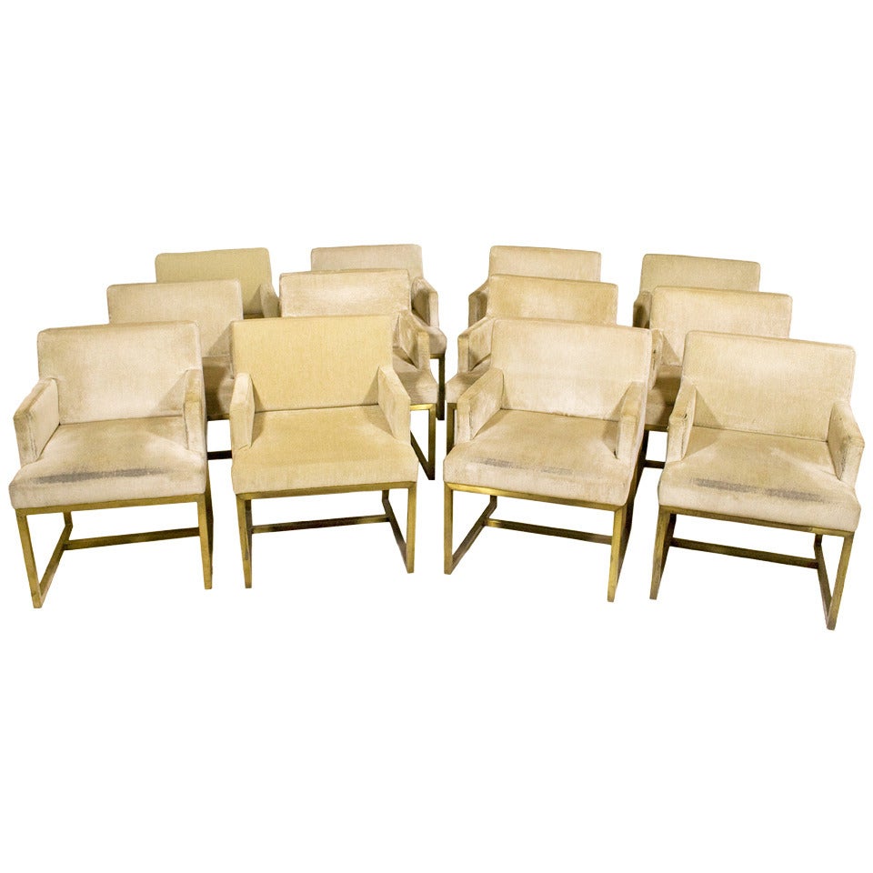 Set of 12 Brass and Upholstered Dining Armchairs, circa 1975, France