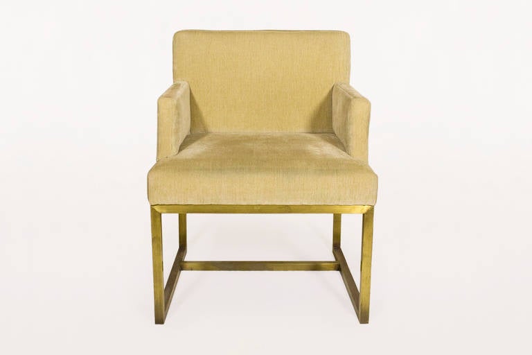 Upholstery Set of 12 Brass and Upholstered Dining Armchairs, circa 1975, France
