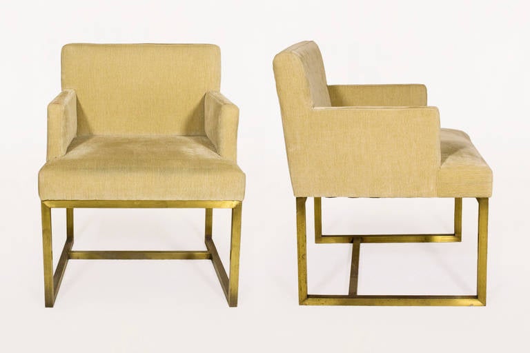 Mid-Century Modern Set of 12 Brass and Upholstered Dining Armchairs, circa 1975, France