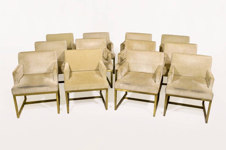 Set of 12 Dining Armchairs
Circa 1975, France
Brass Legs and Upholstered Seat
Good Vintage Condition
Needs to be ReUpholstered
Very Comfortable