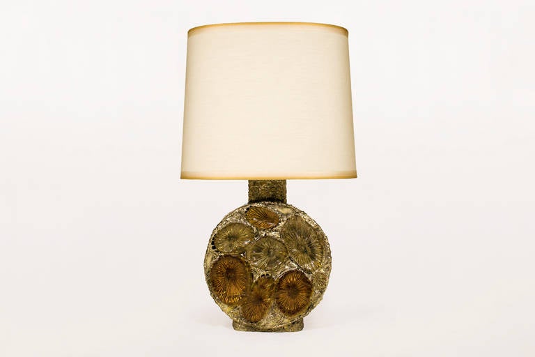 Marcelo Fantoni, Large Blown Glass and Gold-Painted Metal Lamp. Circa 1970s, Italy. Signed. Very Good Vintage Condition