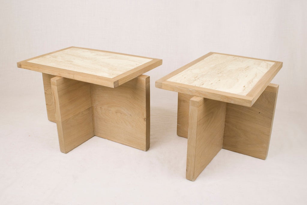 Pair of Serge Castella oak and travertine side table,
Oak and travertine
Customizable, any size available
France, circa 2000.
While studying fashion in Paris, Serge Castella spent his time wandering around flea markets and the louvre. Becoming an