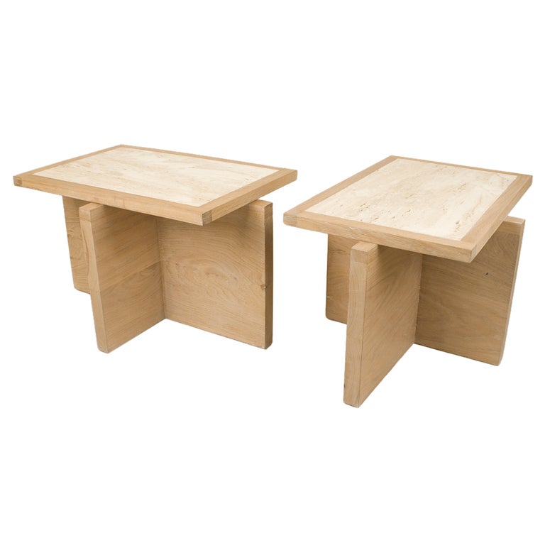 Pair of Serge Castella Oak and Travertine Side Table, circa 2000, France For Sale