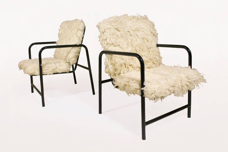 Pair of 1950s Shag Rug Iron Tube Armchairs, France