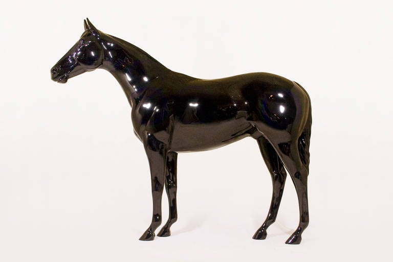 Life-size black lacquered fiberglass horse.
Provenance: El Corte Ingles department store, Madrid, Spain.
circa 1980, Spain.
Re-lacquered.
Excellent condition.