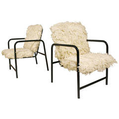 Pair of 1950s Shag Rug Iron Tube Armchairs, France