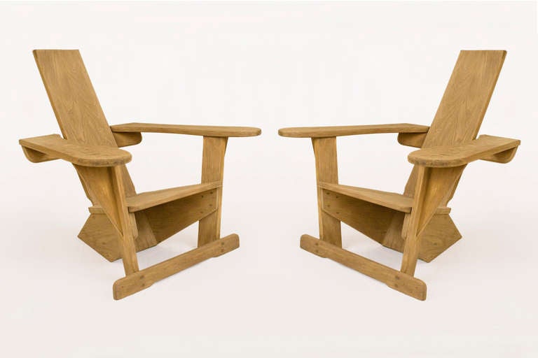 Westport Armchairs By Thomas Lee for Pierre Dariel, 1926, USA.
Hemlock wood.
Thomas Lee is the precursor to today's Adirondack chair. 
He needed outdoor chairs for his summer house and tested with his family and finally came up with this design