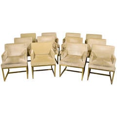 Set of 12 Brass and Upholstered Dining Armchairs, France, circa 1975