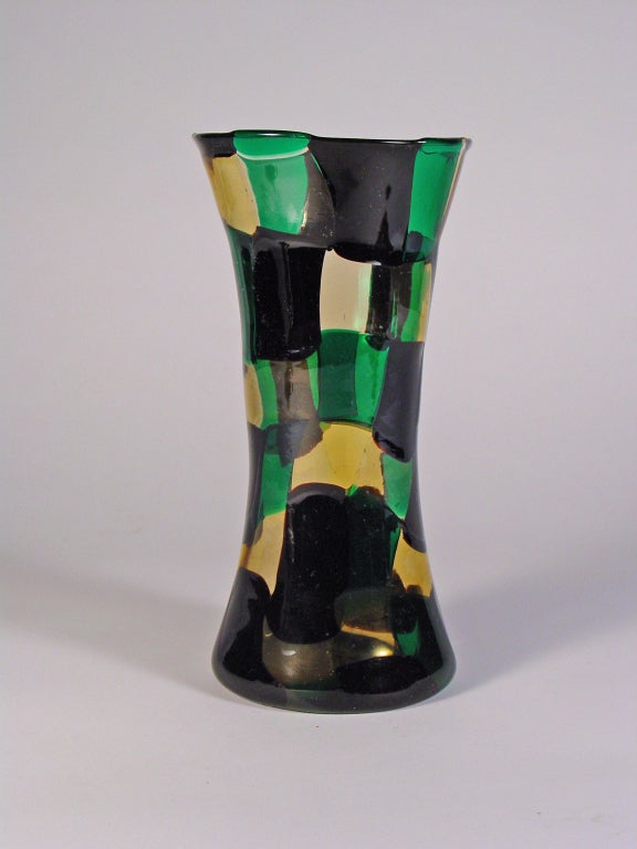 A rare colored pezzato vase by Fulvio Bianconi for Venini.
Signed Venini Murano Italia
Original label