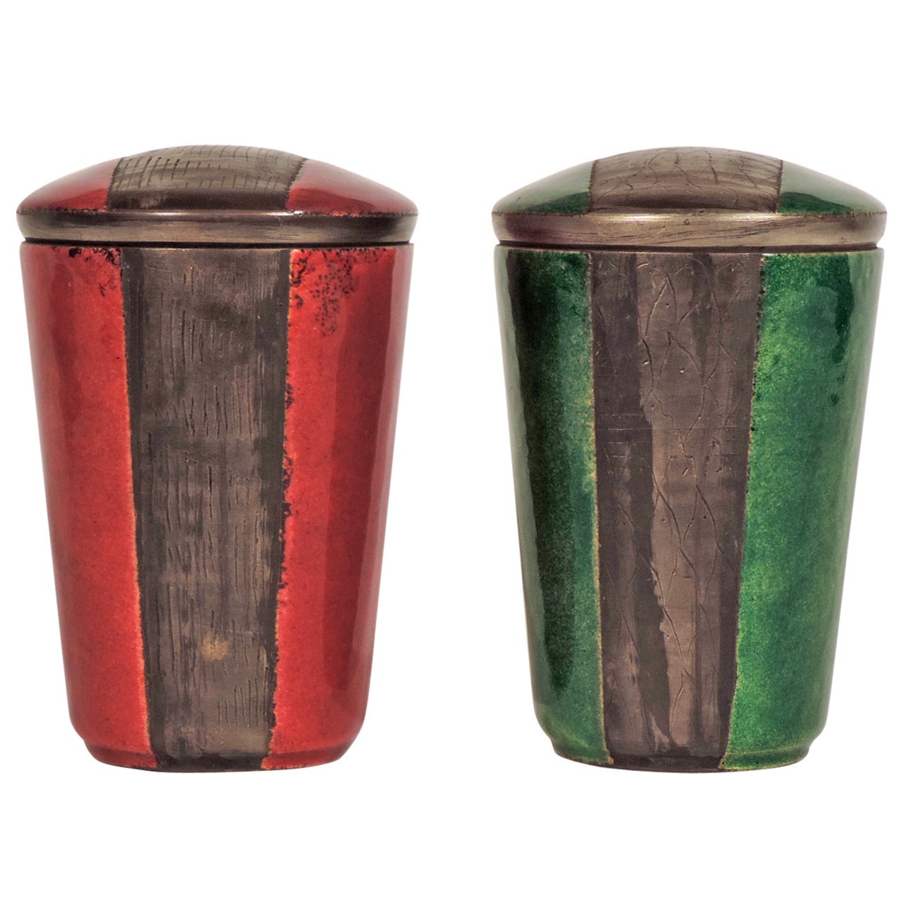 Pair of Italian 1950s Enamel Containers with engravings. For Sale