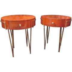 Pair of Side Tables in Cherry Wood and Brass