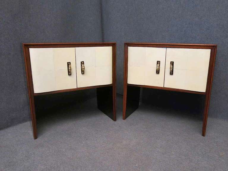 Brass Couple of 1940s Parchment and Walnut Art Deco Nightstands