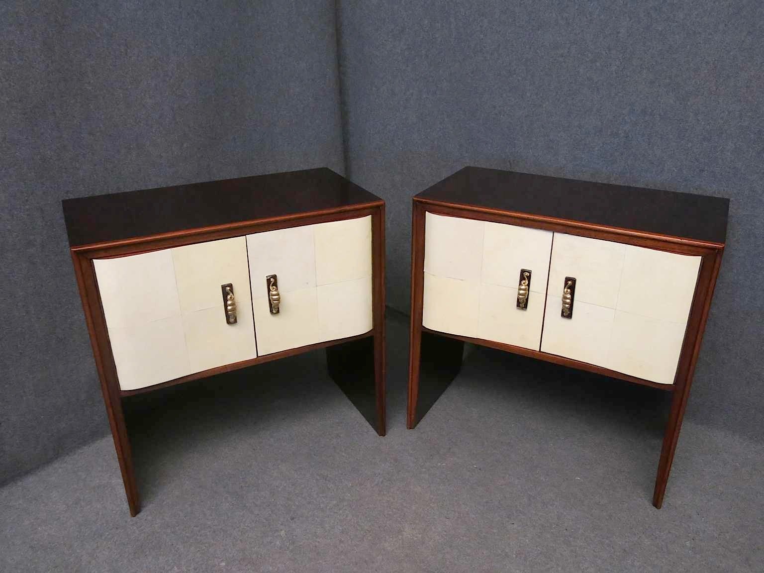 Couple of 1940s Parchment and Walnut Art Deco Nightstands