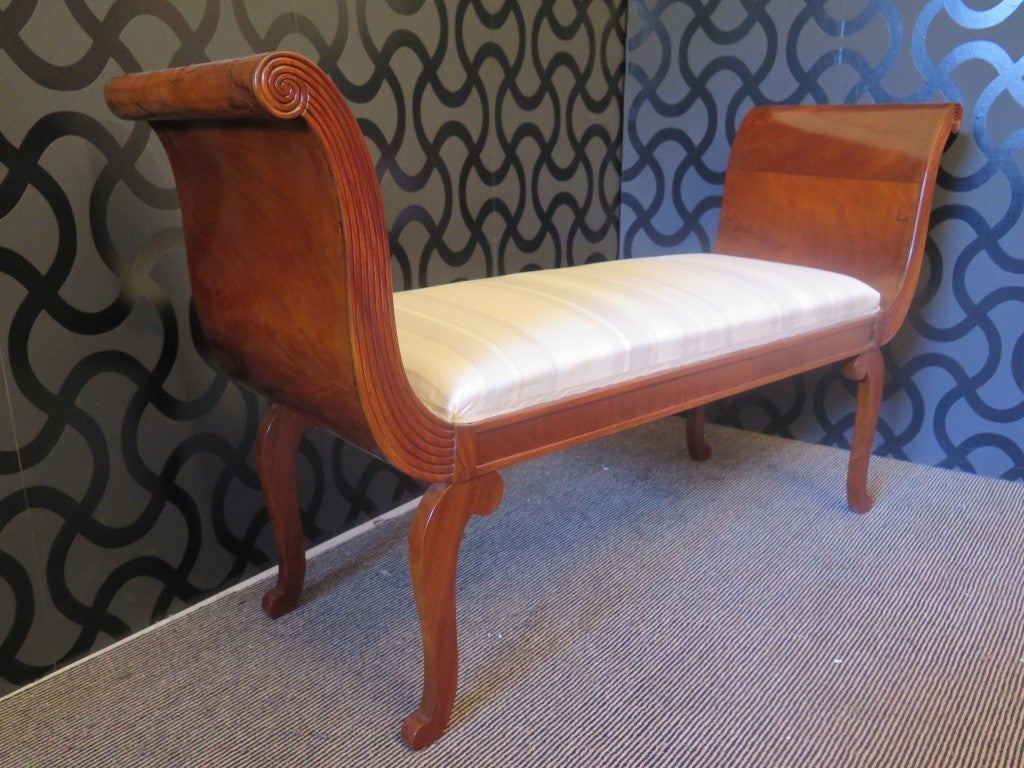 Italian 1890s Walnut and White Silk Louis Philippe Bench