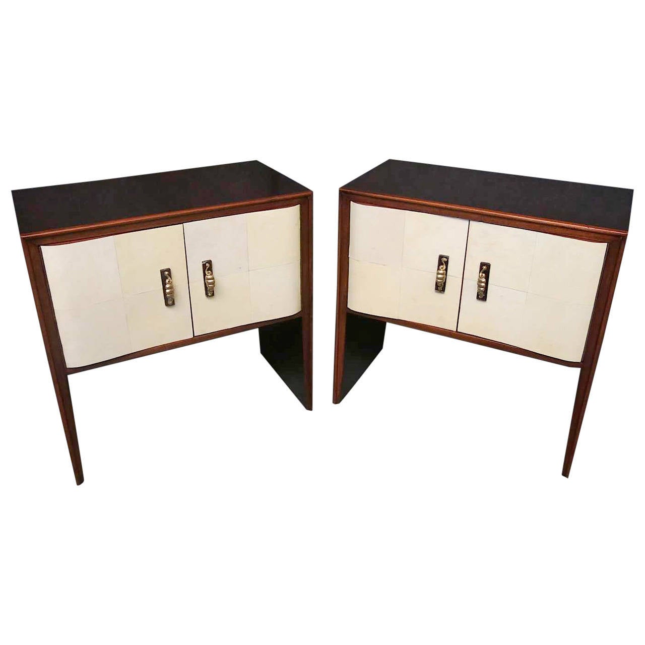 Couple of 1940s Parchment and Walnut Art Deco Nightstands at 1stdibs