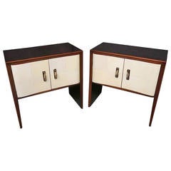 Couple of 1940s Parchment and Walnut Art Deco Nightstands