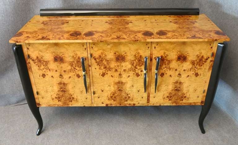 French 1920s Olivewood and Murano Glass Handles France Art Deco Sideboard