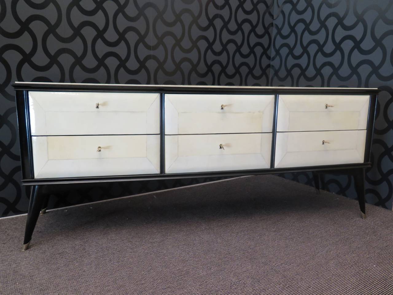 Mid-Century Modern Parchment and Lacquered Black Dresser, 1950s