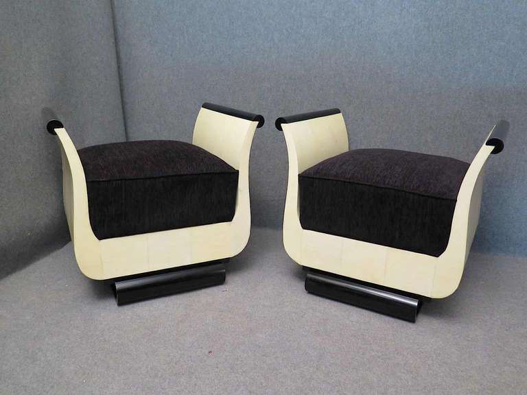 Pair of large puff, covered in parchment with small armrest in black lacquered. Black velvet for the seat.