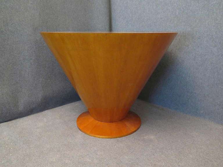 Italian Art Deco Card and Tea table. All veneered in colored maple wood, to notice its truncated cone shape, typical of that era, early 1900s. A four-millimeter glass is recessed above the top. The large inverted cone is resting on a round base also.