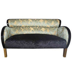 Antique Art Deco Sofa in Black Velvet and Green Damask Fabric