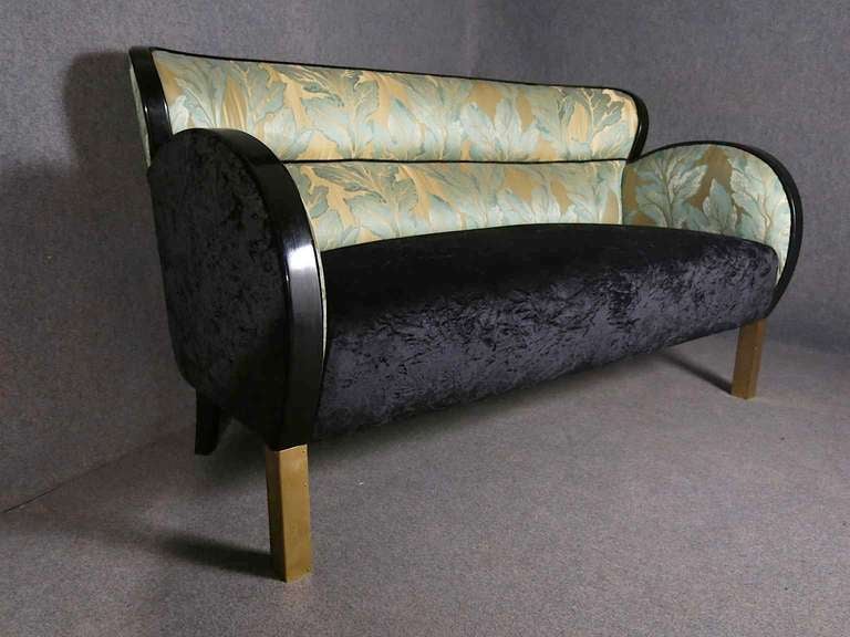 Art Deco Sofa in Black Velvet and Green Damask Fabric 3