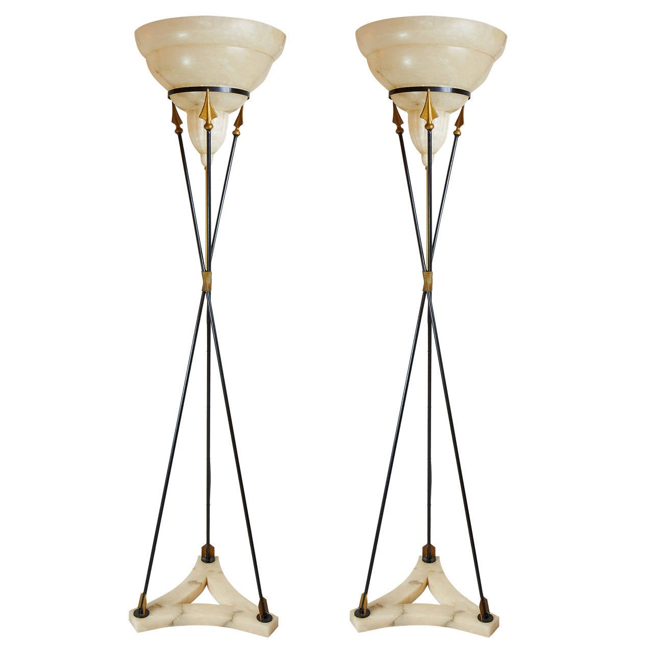 Important Pair of Italian 1940s Gold Handmade Iron and Alabaster Floor Lamps