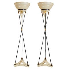 Important Pair of Italian 1940s Gold Handmade Iron and Alabaster Floor Lamps