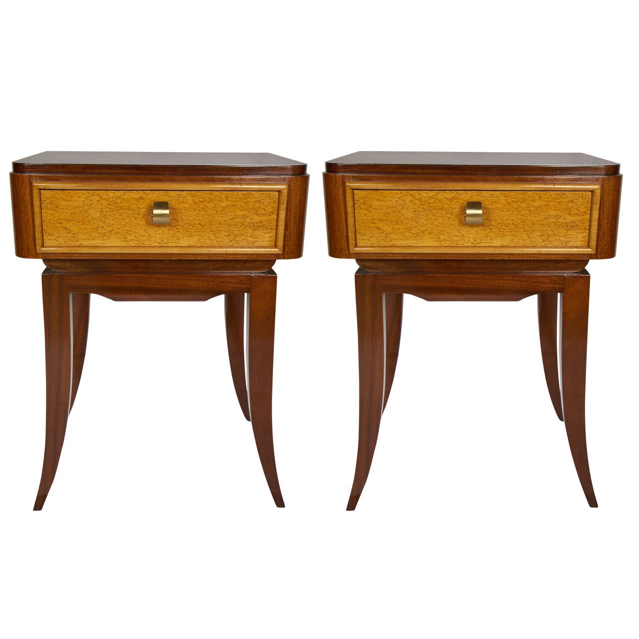 Slender solid wood legs and rosewood body, the drawer is in blonde birch, handles on cast brass. 
Price is for two.