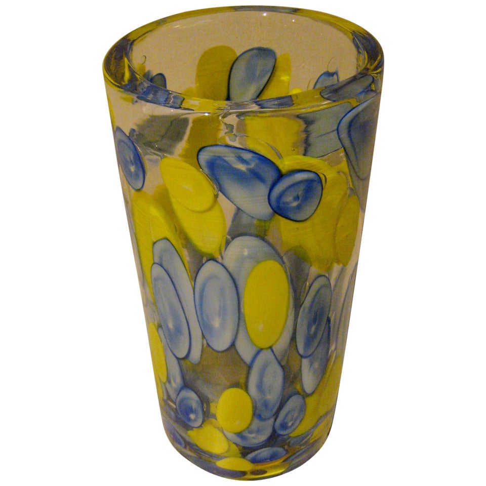 Toso Blue and Yellow Umbrella Stand Murano Glass Italian Vase, 1960