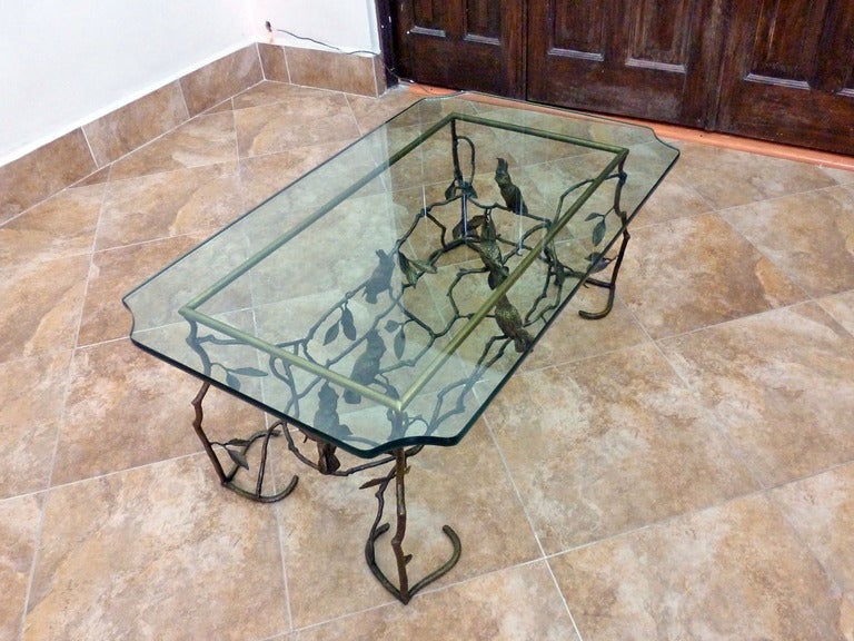 Mid-20th Century Giacometti Sculpture Style, Bronze Cocktail Rectangular Table With Birds