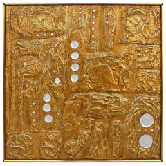 Embossed, Wood, and Golden Aluminum Abstract Wall Sculpture