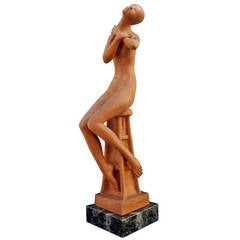 Luis Sanguino Hand-Carved Mahogany Sculpture of a Nude Woman