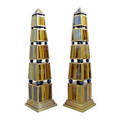 Pair of Brass and Tiger Eye Obelisks, Mid Century