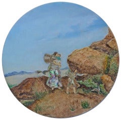 Oil Painting on a Wooden Plate with Inlaid Mother of Pearl, Mexican Folk Art