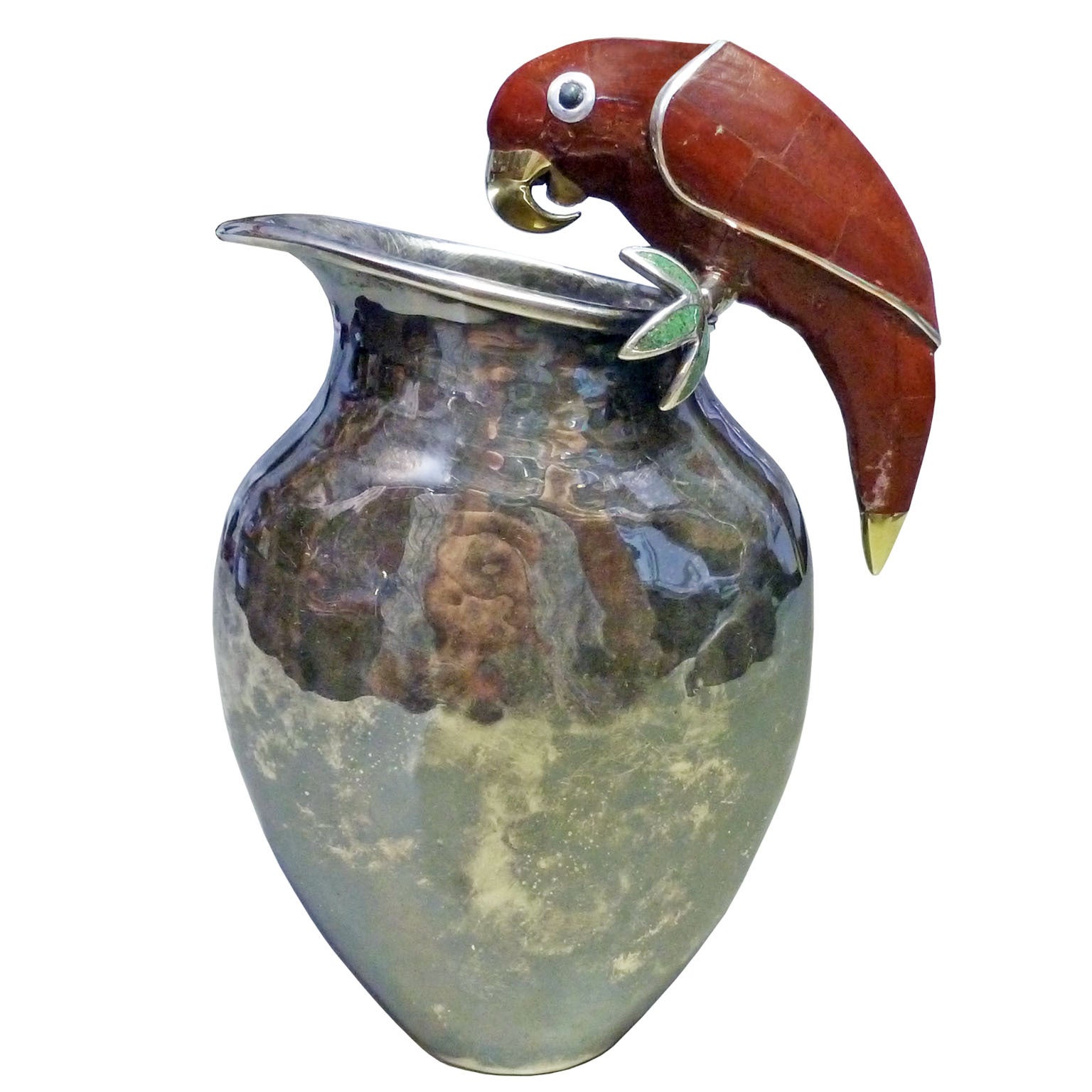 Emilia Castillo Modernist Figural Red Jasper Parrot, Silver Plate Pitcher