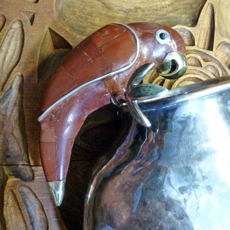 Mexican Emilia Castillo Modernist Figural Red Jasper Parrot, Silver Plate Pitcher