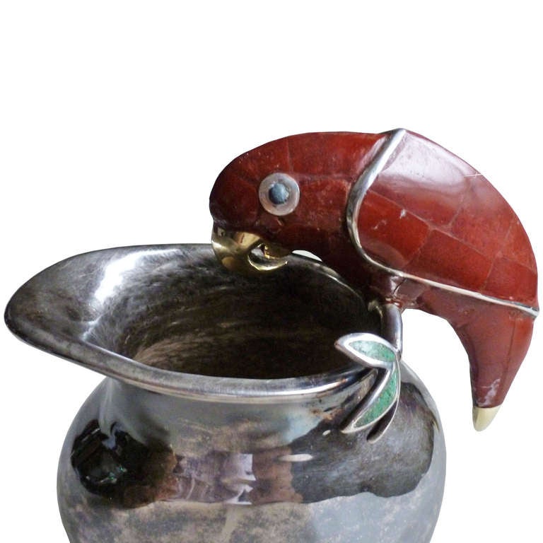 Emilia Castillo Modernist Figural Red Jasper Parrot, Silver Plate Pitcher 1
