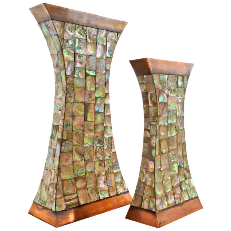 Copper & Mother Of Pearl Mid Century Vases, Los Castillo Style For Sale