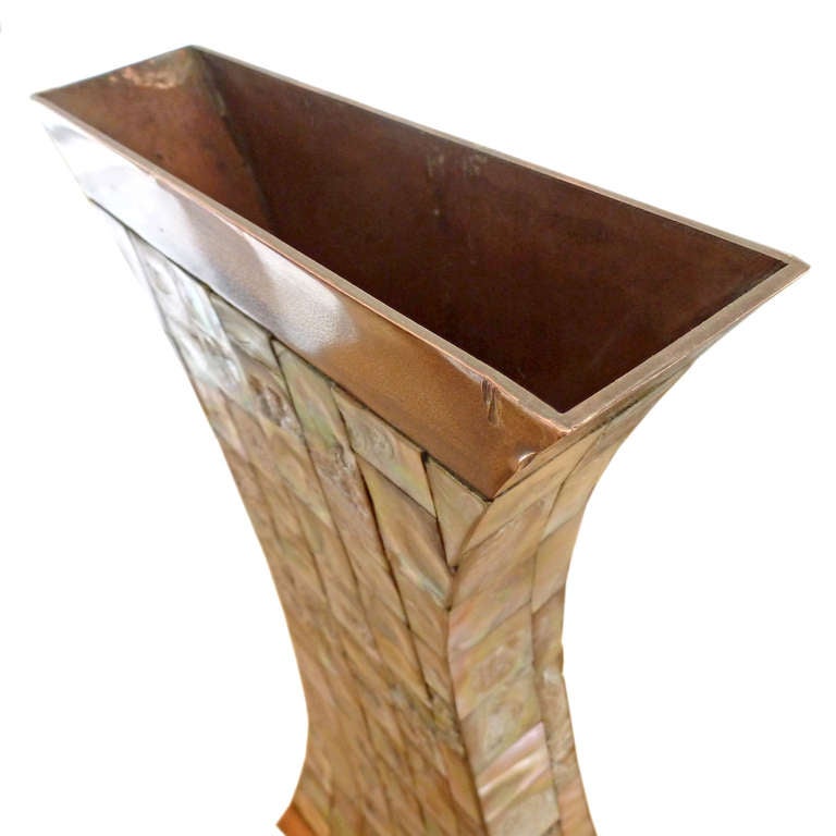 Mid-Century Modern Copper & Mother Of Pearl Mid Century Vases, Los Castillo Style For Sale