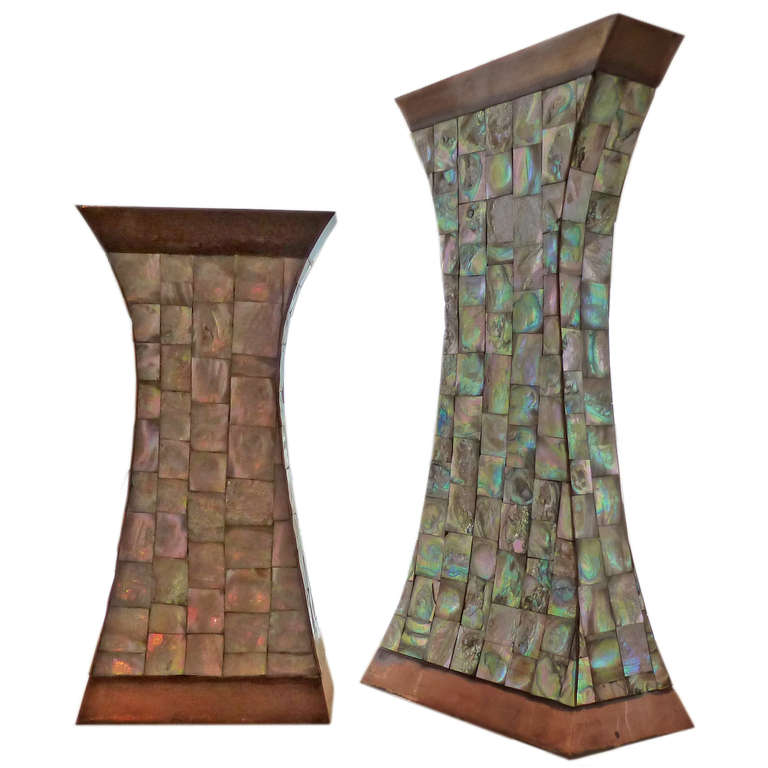Mid-20th Century Copper & Mother Of Pearl Mid Century Vases, Los Castillo Style For Sale