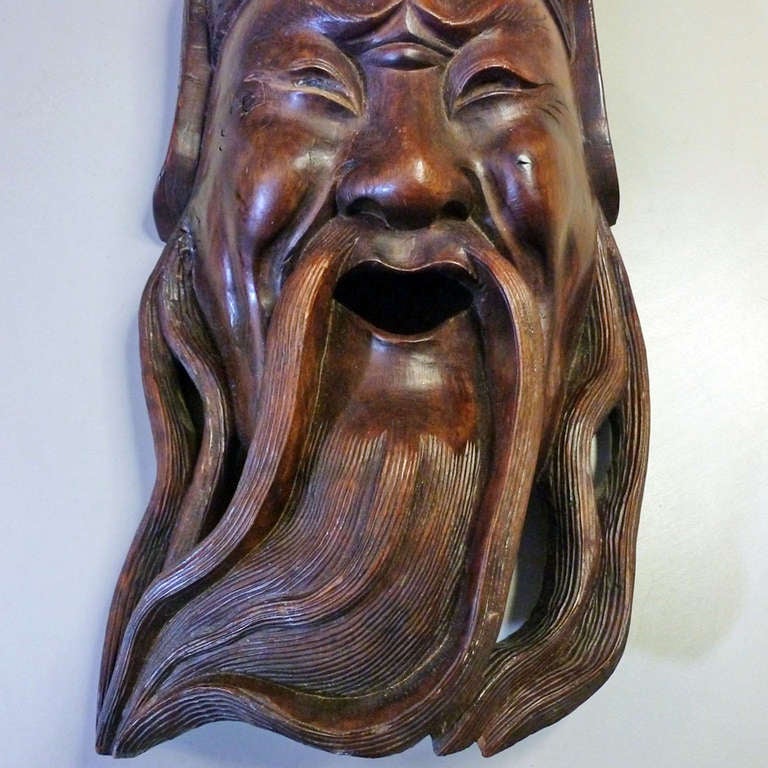 Japanese Asian Hand Carved Wooden Mask For Sale